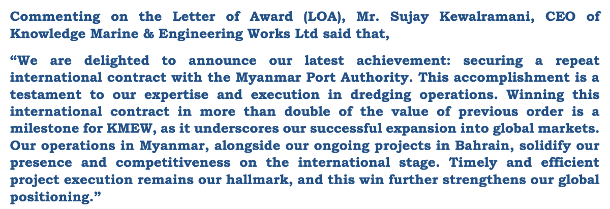 KnowledgeMarin1's tweet photo. Glad to announce that KMEW has secured a USD 4.85M contract for Yangon River dredging from Myanmar Port Authority, doubling the previous order value. This marks our third consecutive international order and highlights the importance of KMEW's international contract successes. https://t.co/APhDhdNWeX