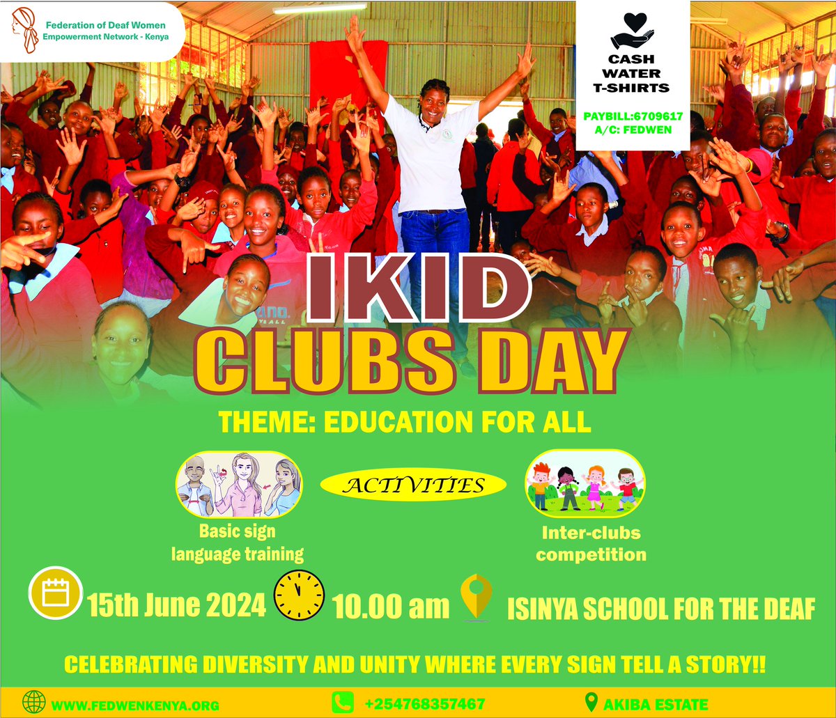 FedwenKenya's tweet photo. Excited to announce our upcoming event I Know I Decide (IKID) CLUBS DAY celebrating diversity and empowering young deaf children! Join us for a day of inspiration, fun, and community on June 15. Let's come together to make a difference!
#IKID
#Diversity
#Inclusion #Deafculture https://t.co/4Rd0sWi1eh