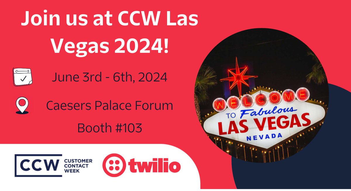 Twilio is excited to be a part of #CCWVegas this June! ✨ Stop by Booth 103 and say hi! Or book a meeting with one of our subject matter experts for a deeper understanding of how Twilio solutions revolutionize customer engagement. See you there!