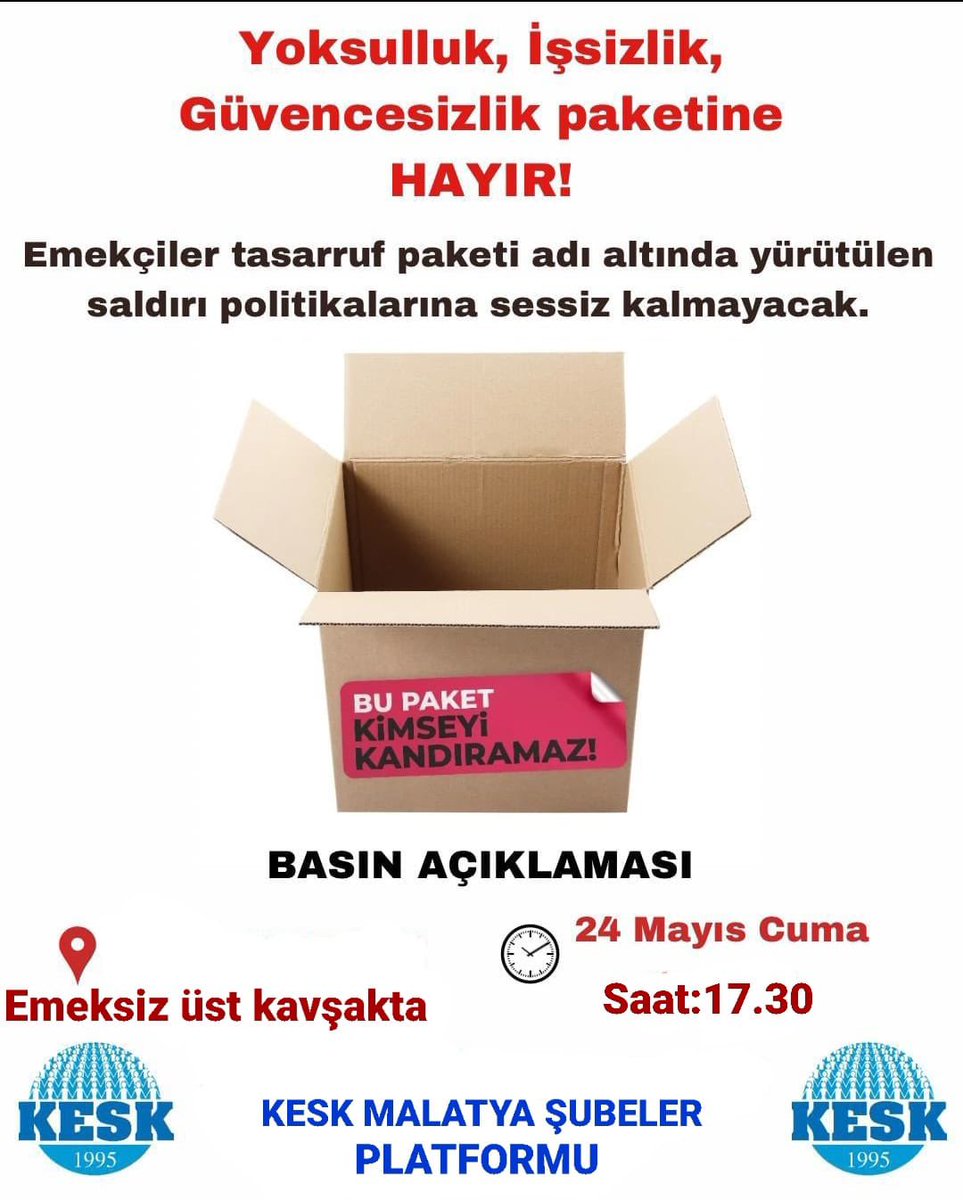 Bugün saat 17:30’da Emeksiz Üst Kavşağında 🔴Yoksulluk, İşsizlik, Güvencesizlik paketine HAYIR demek için Alanlarda olacağız @KESK1995 @sesgenelmerkezi @egitimsen @BTSGENELMERKEZ @BES_Gnl_Mrk @mltyegitimsen @KeskMalatya