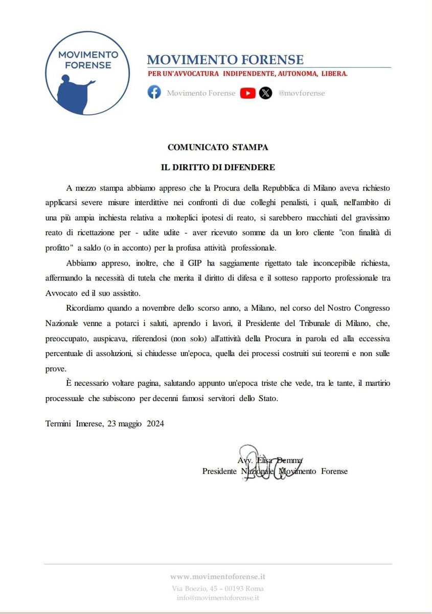 MovimentoForense #comunicatostampa IL DIRITTO DI DIFENDERE <a href="/albertovigani/">Alberto Vigani</a> <a href="/marichiruzza/">Maria Chiara Ruzza</a> <a href="/MCesali/">Massimiliano Cesali</a> <a href="/radiotribunale/">RadioTribunale</a> <a href="/bonannomurolo/">Studio Legale Bonanno-Murolo</a>