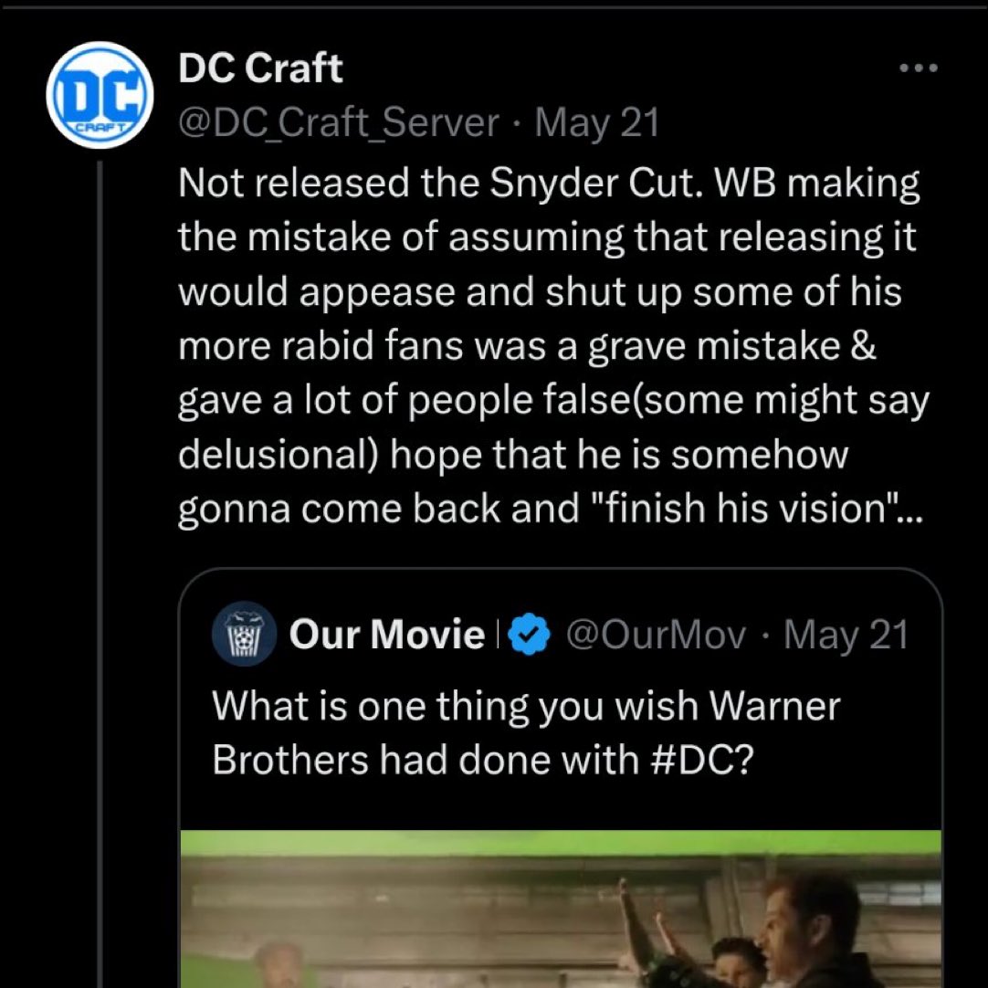 This is why Snyder fans need to never “move on” or stop talking about Zack’s DC. They want us to cosume their BS so badly and that's the only reason they are upset they released thr movie. Why would we watch a movie but not want more? That's being stupid 101