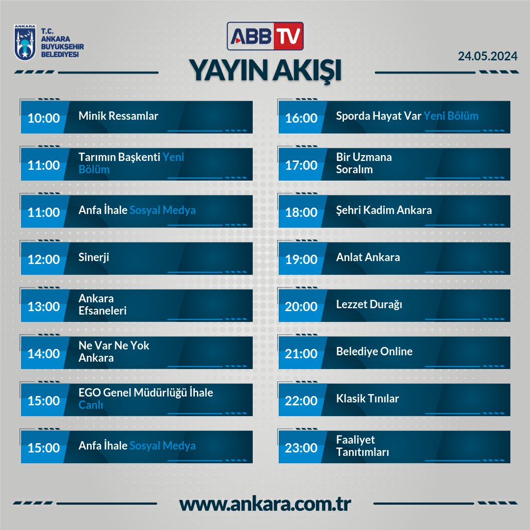 🎞️ 24 MAYIS 2024 ABB TV YAYIN AKIŞI Haftalık Yayın Akışı İçin TIKLA: 🔗 ankara.com.tr/yayin-akisi İzlemek İçin TIKLA: 🔗 ankara.com.tr