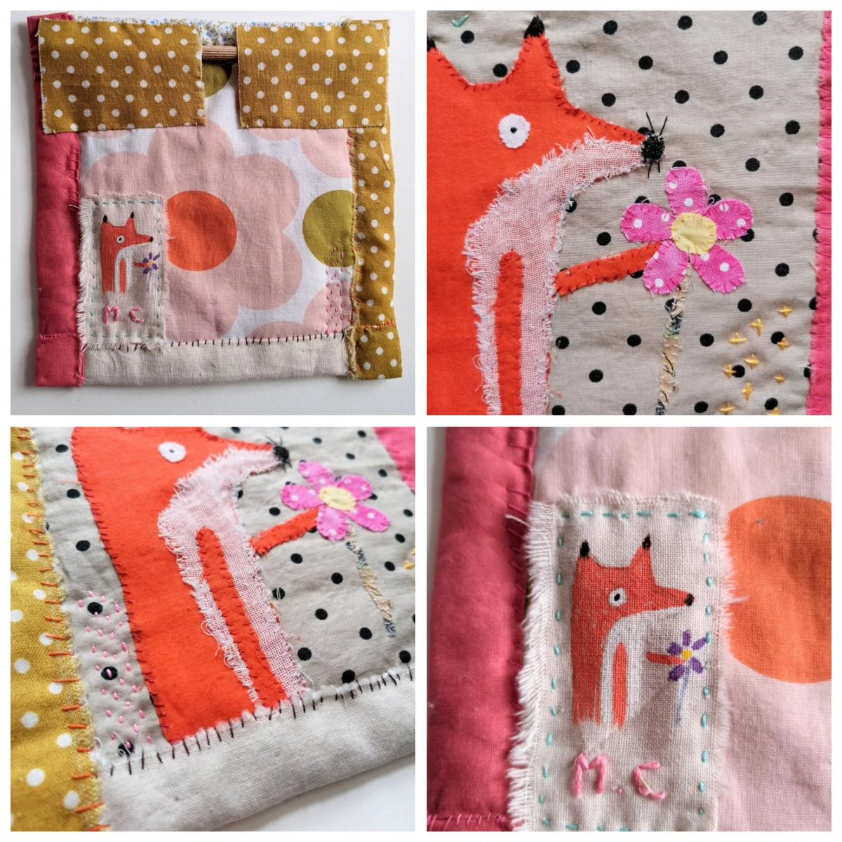 A small quilt with a little fox holding a pink flower. A Hand sewn, perfectly imperfect whimsical piece inspired by folk art. Available on Big Cartel littlebirdofparadise.bigcartel.com/product/fox-qu… #earlybiz #fridaymorning