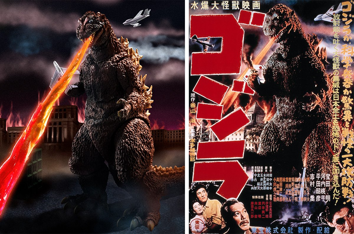 bj45160e's tweet photo. 再販される「ゴジラ（1954）70周年特別記念Ver.」は、新造形ではなく、既存の1954年版ゴジラのデザインを基にした特別版です。具体的には、映画「ゴジラ」のポスターカラーをイメージして彩色されており、付属品で再現した記念バージョンとなります。ChatGPT👍✨#SHMonsterArts #ゴジラ1954 #chatgpt https://t.co/kyhSeXfAvq
