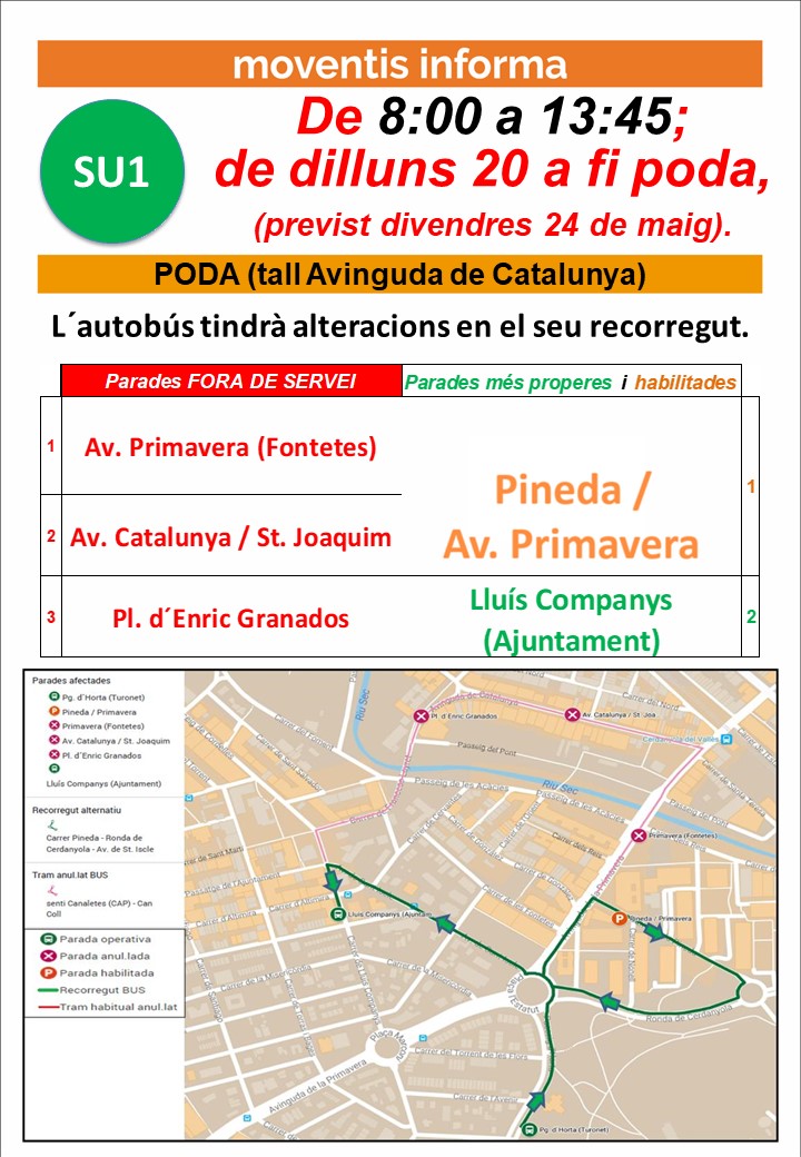 MoventisInfo's tweet photo. 🛑CERDANYOLA DEL VALLÈS
📆Avui, de 8:00h a 13:45h; de dilluns 20 de maig a fi poda (previst divendres 24); les 🚍 #SU1 #SU3 #Moventis_SARBUS canvien recorregut ⛔per poda 🚧 Av. Catalunya.
📣notes 🚏anul.lades, més 👉properes i 👍habilitada

⚠️Preveieu desplaçaments antelació https://t.co/awVqVN30rv