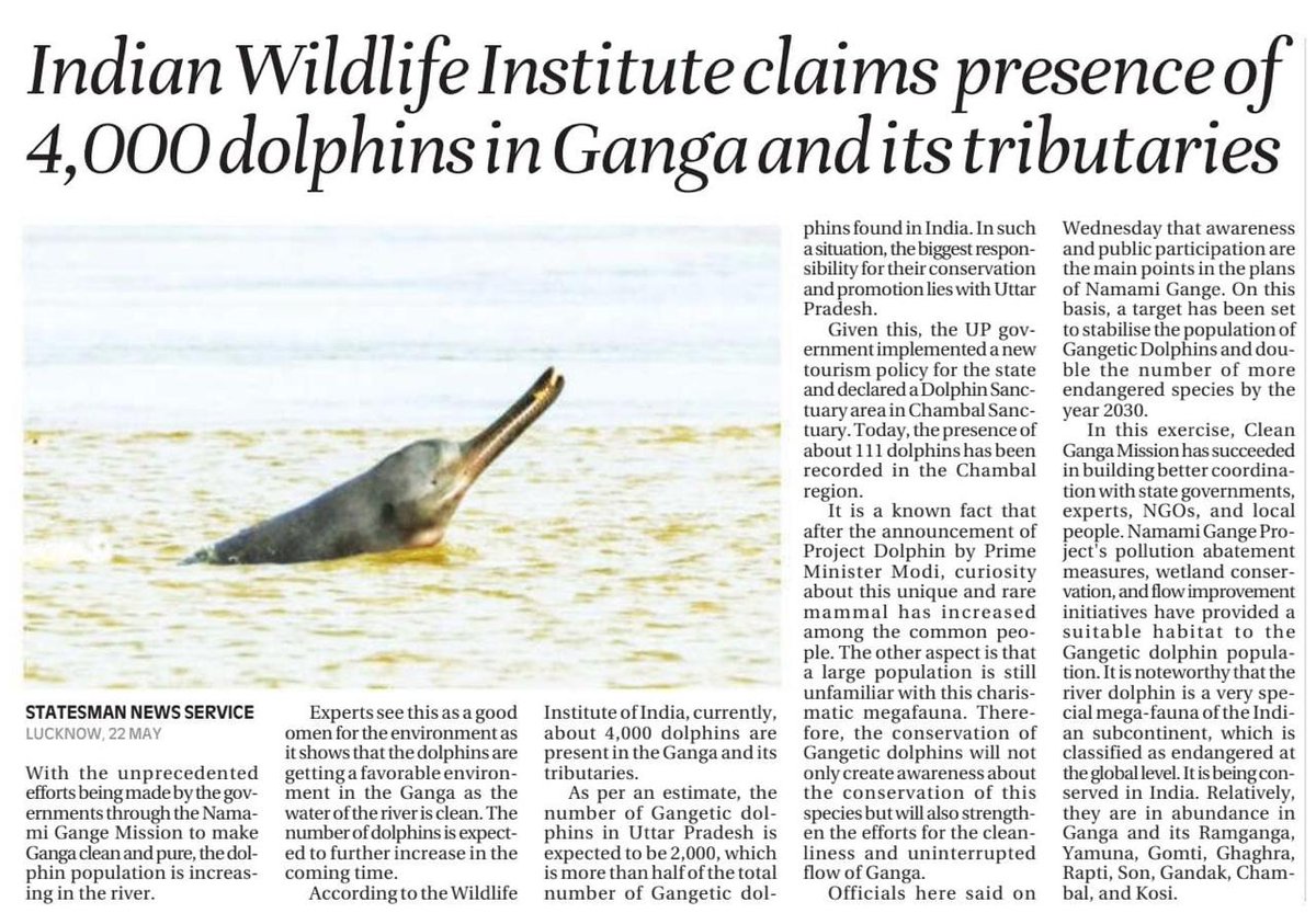 TheAtharvaRaj's tweet photo. Heartening News.

#NamamiGange efforts are showing positive results.

Endangered #GangeticDolphin population increases to 4000 in #Ganga and its tributaries.

More than half of this population is in #UttarPradesh only, with Chambal #Dolphin Sanctuary counting for 111 dolphins. https://t.co/UQzCfgbHmd