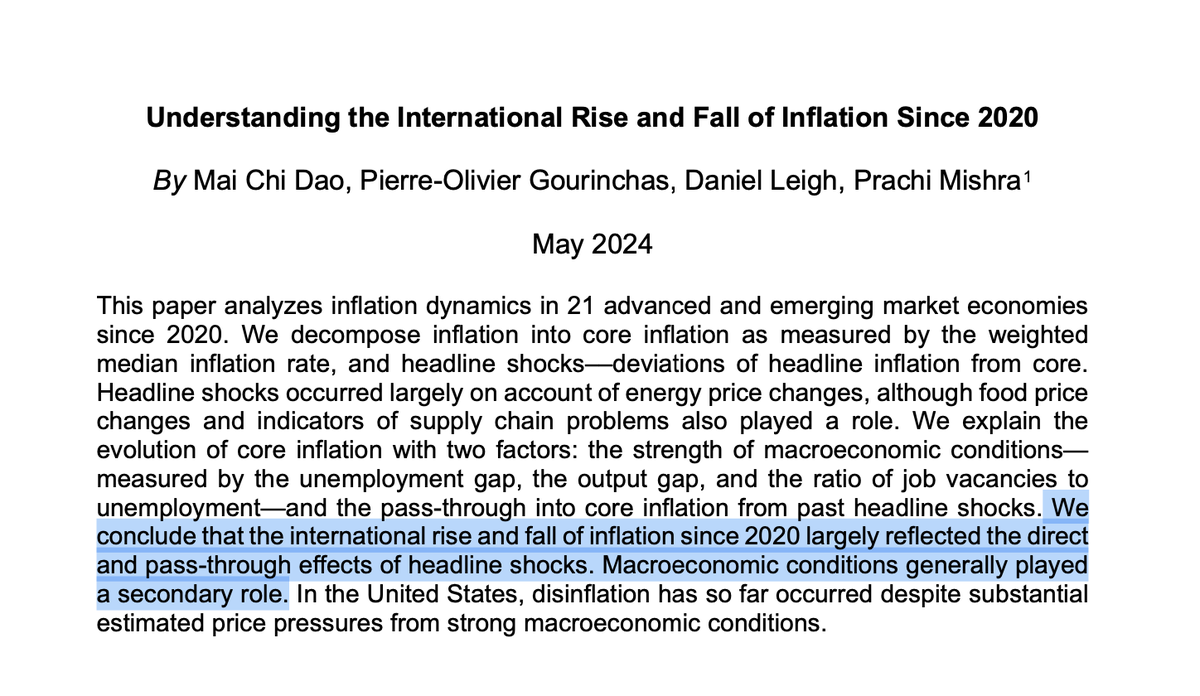 heimbergecon's tweet photo. New paper by IMF economists shows that inflation in advanced economies has mostly been driven by supply shocks (energy, food, supply chains). Macroeconomic conditions "played a secondary role". https://t.co/jW4psYaJCw