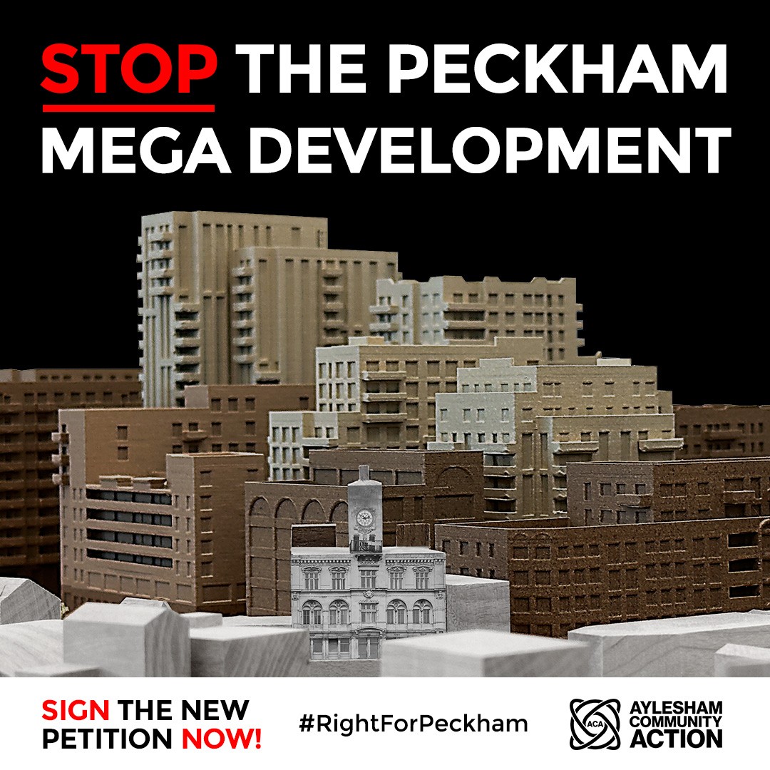 The image is based on a photo of <a href="/BerkeleyGroupUK/">Berkeley Group</a> scale model of new plans for Aylesham development. It shows they are little different from previous 2023 proposals. Even if you signed the previous petition, PLEASE SIGN THIS LATEST one.   linktr.ee/acapeckham 
#RightForPeckham