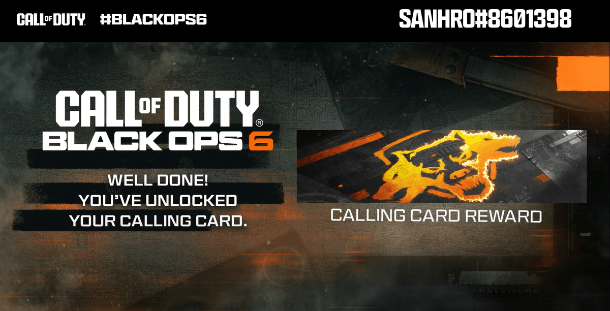 CallofDuty's tweet photo. @sharachne @sharachne WELL DONE! 

 YOU'VE UNLOCKED YOUR CALLING CARD.

 It'll be waiting for you on day 1 of Black Ops 6 🤝 https://t.co/NXtEgbrBrV