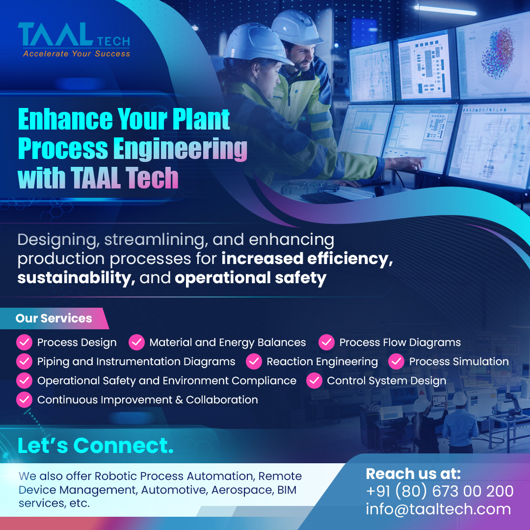 TAALTech's tweet image. Enhance your industrial operations with our plant process engineering services. Our skilled team provides innovative and efficient solutions, from process design to optimization. We ensure your plant operates at maximum efficiency and sustainability. 

#plantengineering
