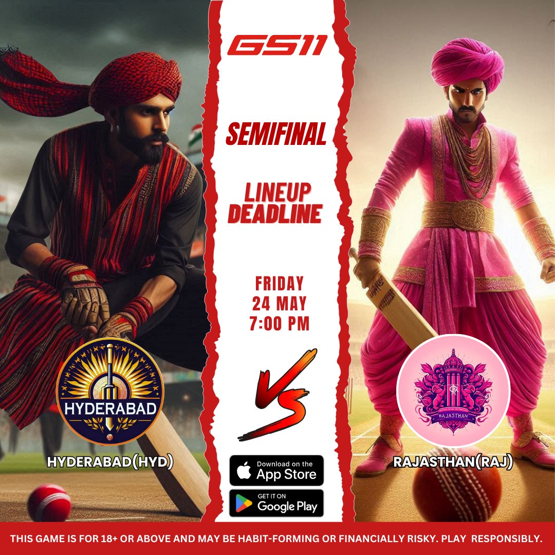 Gs11_'s tweet photo. HYD vs RAJ: Gear up for an Epic GS11 Semi-Final (T20)!
Who will rule the GS11 battlefield?   Create your ultimate Dream Team and join the action! Dominate the GS11 Semi-Final with your Dream Team!  #GS11 #T20 #HYDvRAJ #cricketnews https://t.co/eZssMICFiK