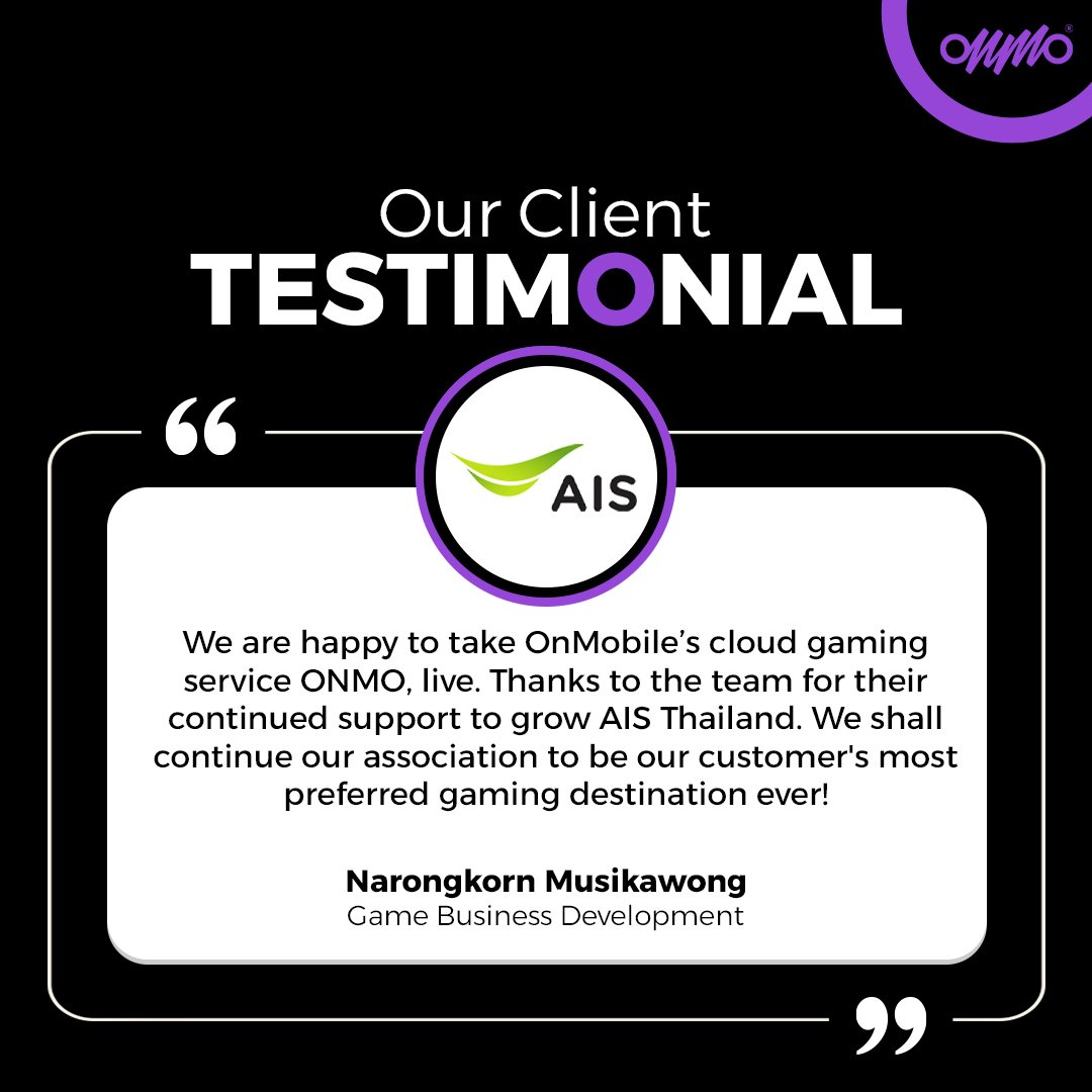 We are humbled by the feedback received from Narongkorn Musikawong on behalf of Team @AIS_Thailand Thank you for your valuable feedback & trusting us as your chosen #gamingpartners. . . . #ONMO #GamingServices #MobileGaming #ClientSatisfaction #BusinessGrowth #GamingIndustry