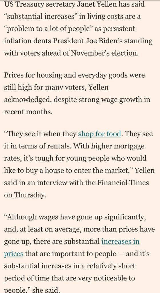 elerianm's tweet photo. From the @FT:
“But Yellen, a former Fed chair, struck an empathetic tone about the pressures facing Americans, while pointing to the administration’s efforts to reduce costs, such as by eliminating so-called “junk fees” that surreptitiously add extra charges on US consumers.
“The cost of living is a problem to a lot of people,” Yellen said in Stresa, Italy. “So I think this is a concern that people legitimately have.”
#economy #markets #inflation #econtwitter