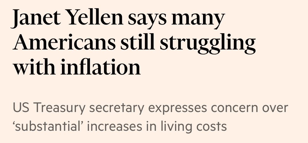 elerianm's tweet photo. From the @FT:
“But Yellen, a former Fed chair, struck an empathetic tone about the pressures facing Americans, while pointing to the administration’s efforts to reduce costs, such as by eliminating so-called “junk fees” that surreptitiously add extra charges on US consumers.
“The cost of living is a problem to a lot of people,” Yellen said in Stresa, Italy. “So I think this is a concern that people legitimately have.”
#economy #markets #inflation #econtwitter