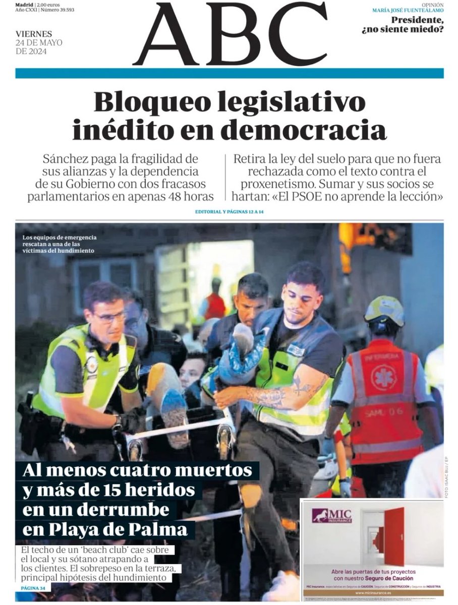 Presenting today’s front page from: #ABC Spain At least four dead and more than 15 injured in a landslide in Playa de Palma For more of today's newspapers visit: tscnewschannel.com/the-press-room… #buyanewspaper #TomorrowsPapersToday #buyapaper