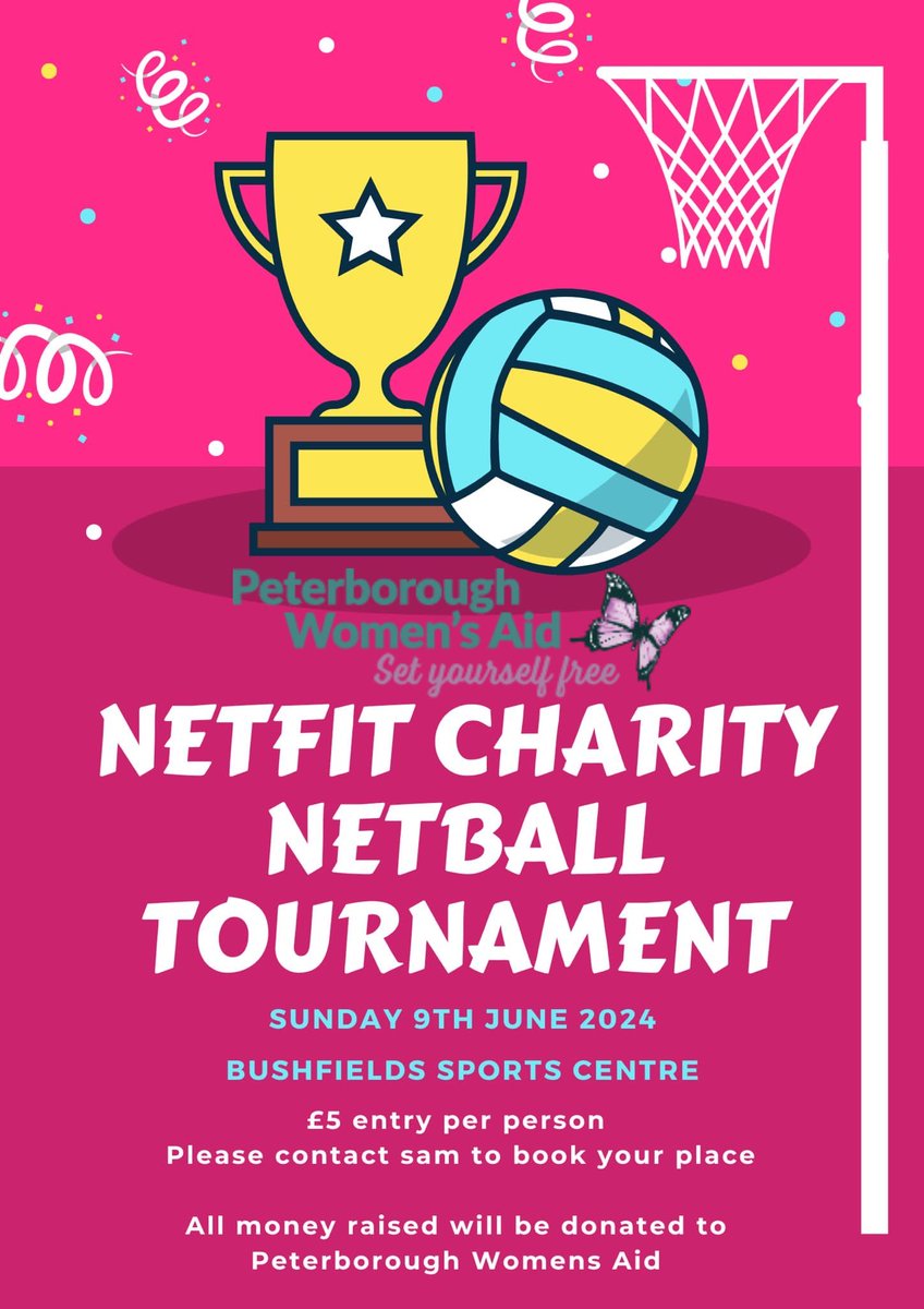 Save the date!! Netfit Charity Netball Tournament, Sunday 9th June at Bushfields Sports Centre, 9am - 4pm. We will be there with freebies, tombola, cakes and fun!!!😃🍰 #netballtournament