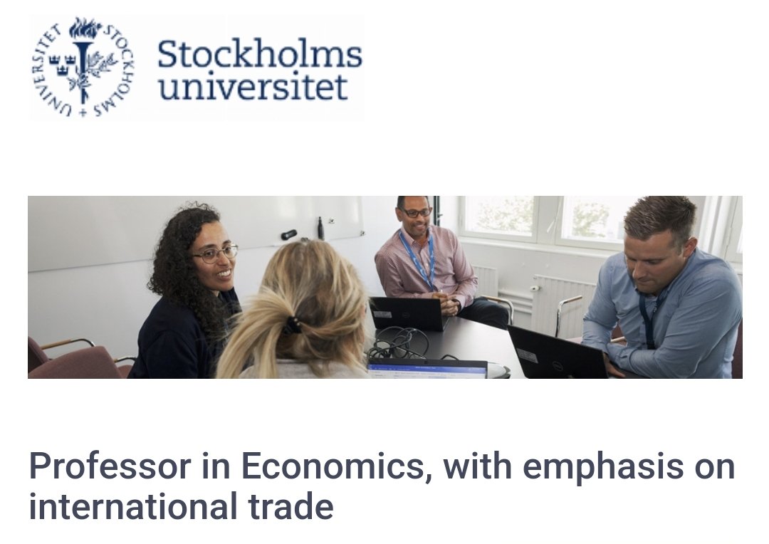 Full professorship at @SU_Economics, with emphasis on international trade. Apply by June 24 and please spread the word! su.varbi.com/en/what:job/jo… #econtwitter #economics #econjobmarket