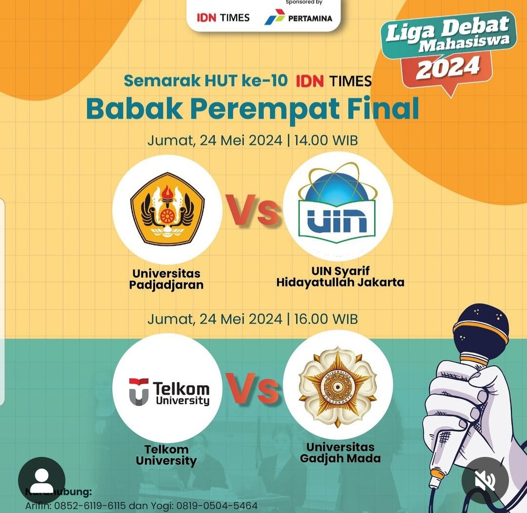 Sore ini, perempat final #DebateLeague #1DekadeIDNTimes #XploreIDNTimes <a href="/UGMYogyakarta/">UGM</a> <a href="/TelkomUniv_ID/">TelkomUniv_ID</a> <a href="/UINjakarta_2013/">UIN Jakarta 2013</a> <a href="/unpad/">Universitas Padjadjaran</a> 👏😊

<a href="/IDNTimes/">IDN Times</a>