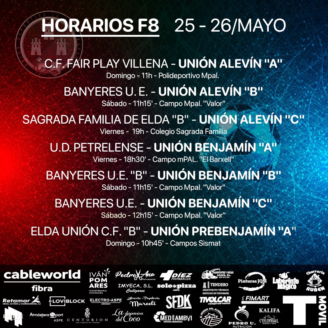 🗓️ HORARIOS

#aspe #alicante #fútbol #fútbolpopular #veteranos #senior #juvenil #cadete #infantil #alevin #benjamin #prebenjamin #querubines #ffcv #lfva