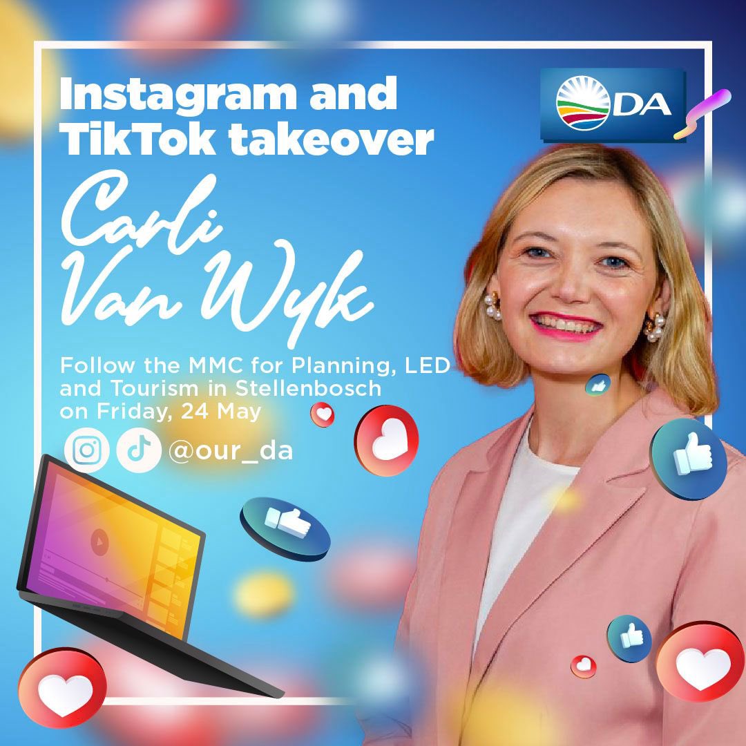 🎉 Don't miss our Instagram and TikTok takeover with Carli Van Wyk, MMC for Planning, LED, and Tourism in Stellenbosch! Follow her today for insights and a glimpse into her hard work for the people. #VoteDA #RescueSA