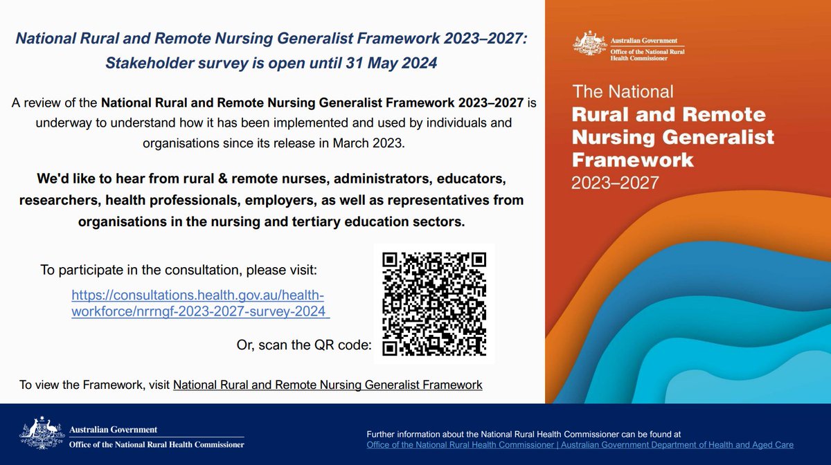 Have you used the National Rural and Remote Nursing Generalist Framework? 

Then 🙏 help us understand its use &amp; implementation since publication in '23

👇link/ QR code to online survey 
takes 5 minutes  Open till 31/5/24  consultations.health.gov.au/health-workfor…