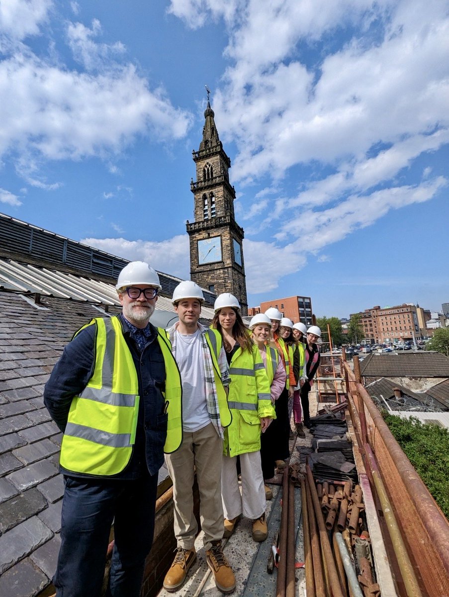 #GlasgowHeritage #UpOnTheRoof - had a great visit with the @GlasgowHeritage team to The Briggait to see the repairs @waspsstudios are carrying out with some GCHT grant funding (amongst others) and ❤️ this photograph they took of us with the Merchant Steeple in the background 😊!
