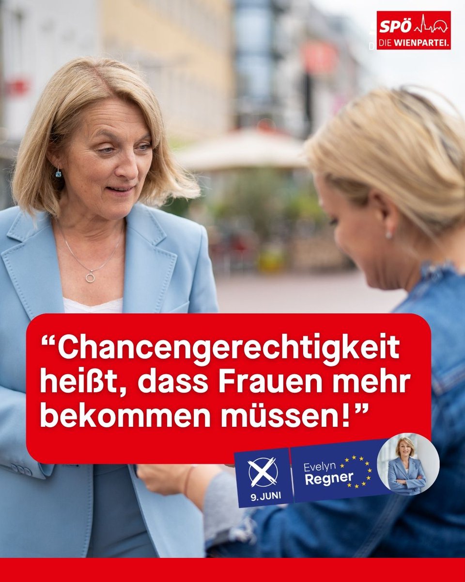 Echte Lohntransparenz, die unsere Wiener Spitzenkandidatin auch in Europa umsetzen will. Wer am 9. Juni bei der #EUWahl ein ❌ für Evelyn Regner in Wien macht, wählt ein faires Europa, das sich für Lohngleichstellung, soziale Absicherung & Verbesserungen für Frauen einsetzt!💪