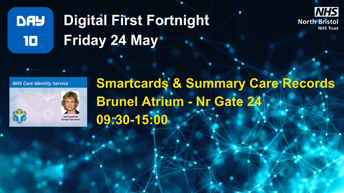 North Bristol NHS Digital (@nbrisnhsdigital) on Twitter photo We've reached Day 10 - and the final day - of our Digital First Fortnight <a href="/NorthBristolNHS/">North Bristol NHS Trust</a>. And back by popular demand today, our Clinical Systems Team will be on the stand to answer all your Smartcard and Summary Care Record queries. We're open for business from 9:30am! #nbtdff We've reached Day 10 - and the final day - of our Digital First Fortnight <a href="/NorthBristolNHS/">North Bristol NHS Trust</a>. And back by popular demand today, our Clinical Systems Team will be on the stand to answer all your Smartcard and Summary Care Record queries. We're open for business from 9:30am! #nbtdff