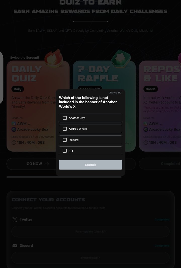 LudNoni's tweet photo. 💳💳 Todays answer for #Anotherworlddgm
Which of the following is not included in the banner of Another World’s X
Answer: KEI
Support me by👇🏻👇🏻
📌Following with notification
📌Retweet (To keep doing this)
#NFT #CommunityEarn #NFTcommunity #AnotherWorld #Metaverse #KEI #FORGE https://t.co/0rgwpJwbuM