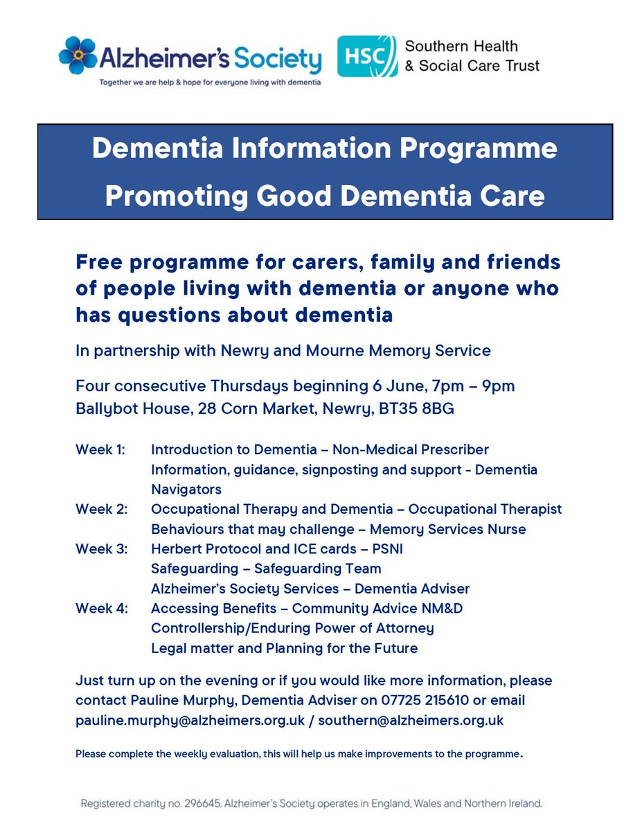 Do you want to know more about dementia? Come along to our Dementia Information Programme in Ballybot House, Newry,BT35 8BG