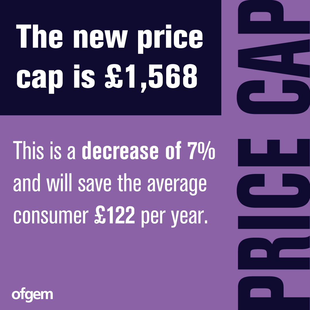 ofgem's tweet photo. The quarterly energy Price Cap will change from 1 Jul 24

The new #PriceCap is £1,568

The level is based on typical use of an average household on their supplier’s standard default tariff

It's a cap on energy unit price, not a cap on total bills

More ⬇️
https://t.co/zfgZcnGU5T https://t.co/NXoEQJJgRW