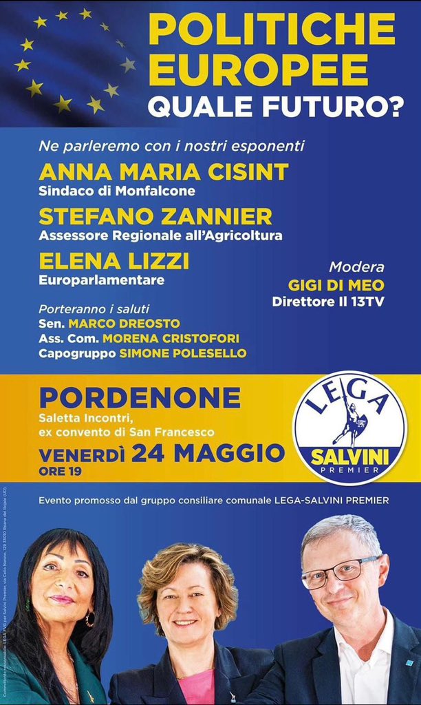 Ci vediamo questa sera alle 19:00 per discutere di Europa! <a href="/ZannierStefano/">Stefano Zannier</a> <a href="/annacisint/">Anna Cisint</a> <a href="/elenalizzi/">elena lizzi</a> #pordenone