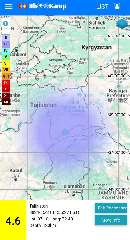EQ of M: 4.6, On: 24/05/2024 11:35:27 IST, Lat: 37.10 N, Long: 72.48 E, Depth: 120 Km, Location: Tajikistan. For more information Download the BhooKamp App riseq.seismo.gov.in/riseq/earthqua… @KirenRijiju @Ravi_MoES @Dr_Mishra1966 @ndmaindia @Indiametdept