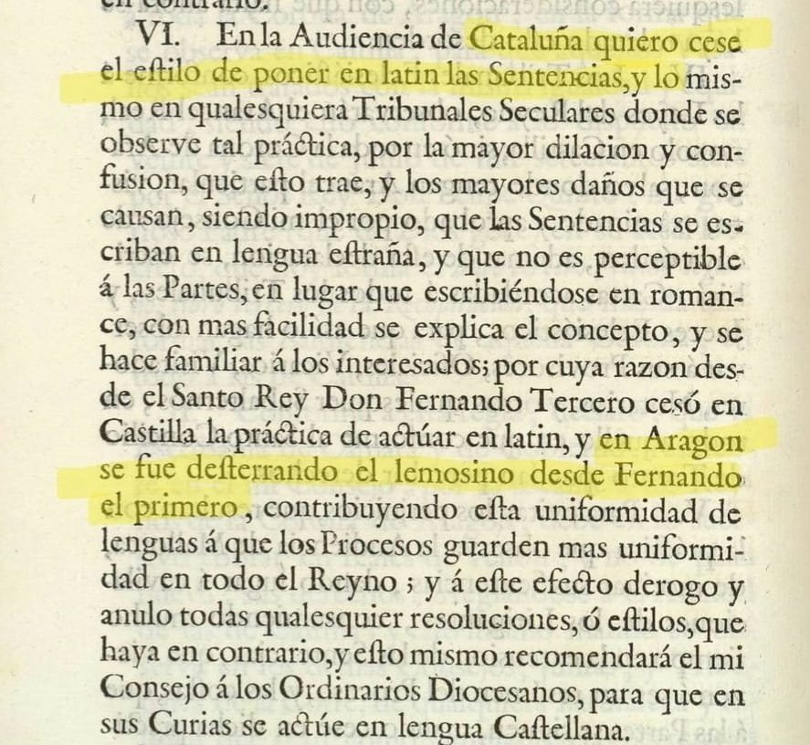 Hoy hace 93.500 días desde que eliminé el uso del latín en las instituciones de Cataluña (pues el catalán no existía y el lemosino fue eliminado por Fernando I de Aragón en el s. XV)