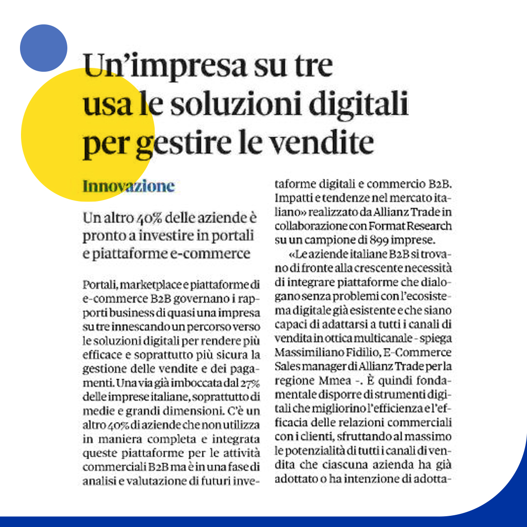 👩‍💼 Impatti e tendenze nel mercato italiano

📰 "Un'impresa su tre usa le soluzioni digitali per gestire le vendite" su <a href="/sole24ore/">IlSole24ORE</a> 

#ecommerce #innovazione <a href="/allianztrade/">Allianz Trade</a> <a href="/FormatResearch/">Format Research</a> <a href="/robi_cocco/">Roberta Cocco</a> @RossellaSobrero <a href="/GabrielePersi/">Gabriele Persi</a> <a href="/marcoregni/">Marco Regni🇪🇺🇮🇹🇺🇦🇮🇱</a> <a href="/PALOMBAGI/">GIUSEPPE PALOMBA</a>  @ardovig