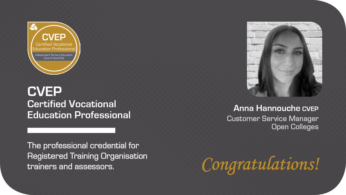 Congratulations — A great career milestone for Anna Hannouche CVEP who has been admitted as a Certified Vocational Education Professional (CVEP) to the ITECA College of Vocational Education and Training Professonals.