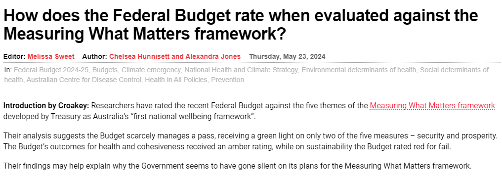 We first heard about Australia's #wellbeingbudget in 2022. 2 years on, how does #Budget2024 stack up? Are we heading toward intergenerational #equity & #wellbeing, or slipping into business-as-usual? @PHEHothouse PhD Candidate Chelsea Hunnisett, and @alikjones evaluate for us.