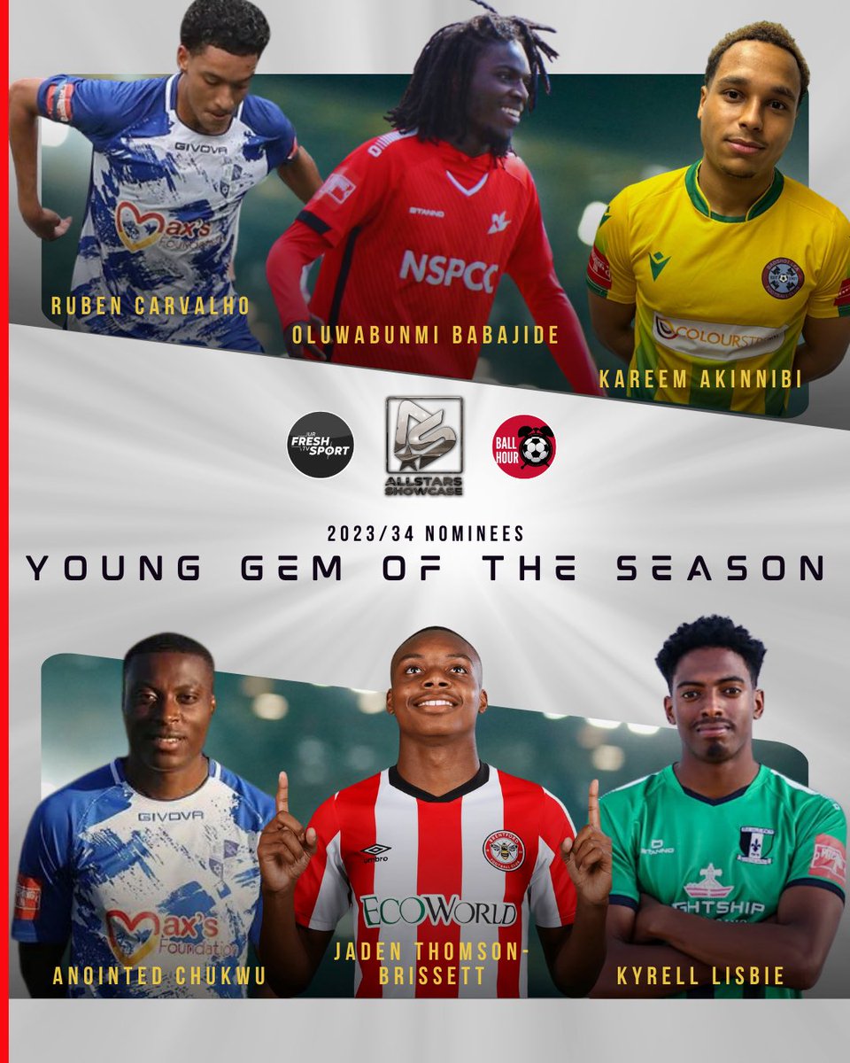 🚨 YOUNG GEM OF THE SEASON AWARD‼️🏆

As nominated by a large amount of clubs, fans &amp; players, here are the nominees for Young Gem of the Season👀🤩:

💎 <a href="/Rubinho10__/">Ruben Carvalho</a>  - <a href="/WinFinchleyFC/">Wingate & Finchley FC</a> 
💎 <a href="/Bunmi91/">Bunmi Babajide</a> - <a href="/CarshaltonA_FC/">Carshalton Athletic FC</a> 
💎 <a href="/Nibiiiii1/">Kareem Akinnibi</a> - <a href="/BLFC1907/">Badshot Lea FC</a> 
💎 Anointed Chukwu <a href="/WinFinchleyFC/">Wingate & Finchley FC</a>