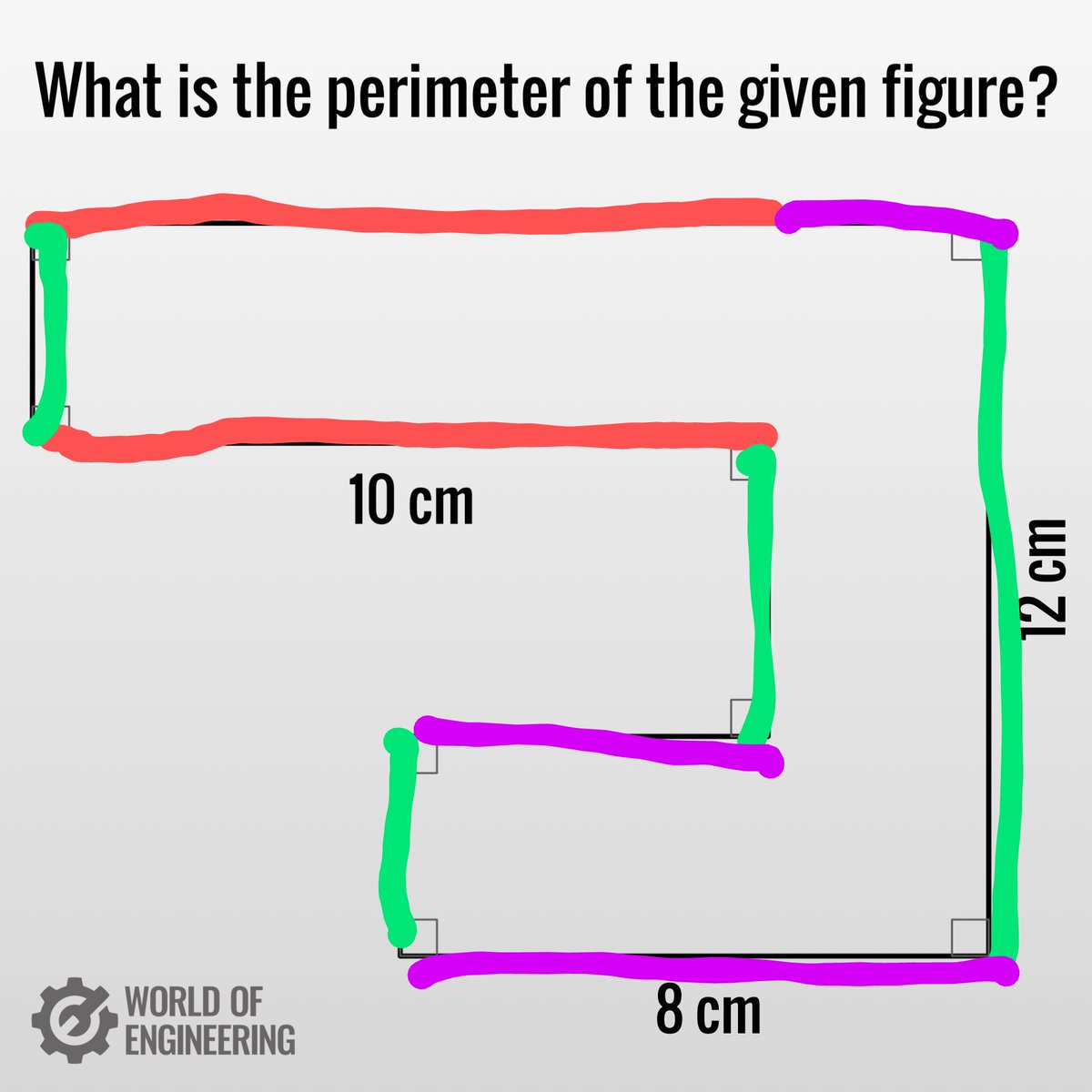 <a href="/engineers_feed/">World of Engineering</a> 60 is the correct answer ✅ 

Total (red)🟥= 10+10= 20
Total (green)🟩= 12+12= 24
Total (pink) 😈= 8+8= 16

Total perimeter = sum of all sides 
= 20+24+16
=60✅
