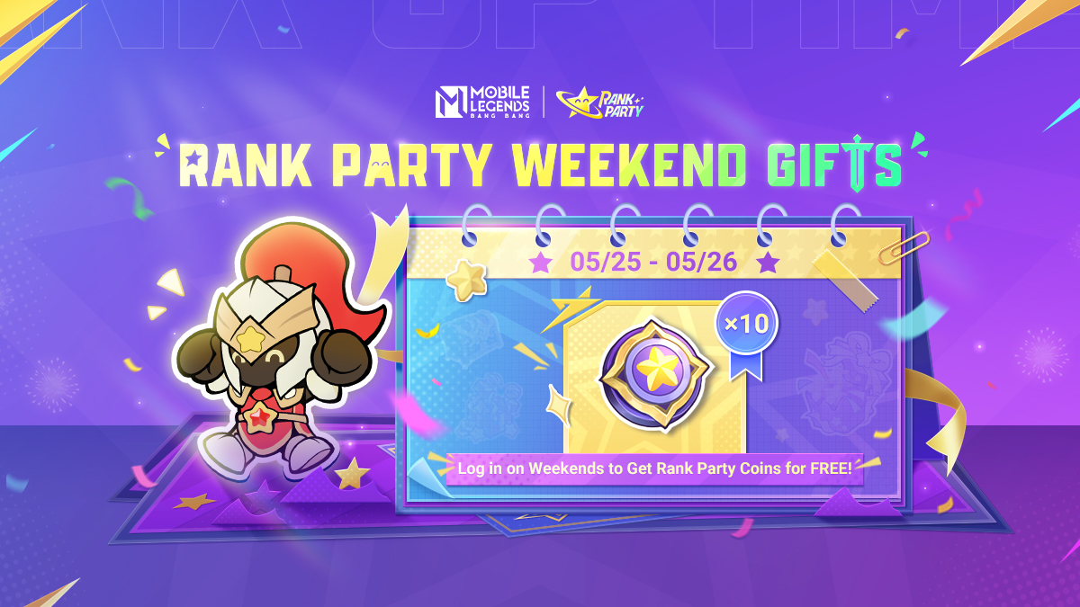 Rank Party Weekend Gifts are coming! Log in to the game anytime from 05/25 to 05/26 and get Rank Party Coin ×10 for free! Sir Minion will be waiting for you in the game! #MobileLegendsBangBang #MLBBRankParty