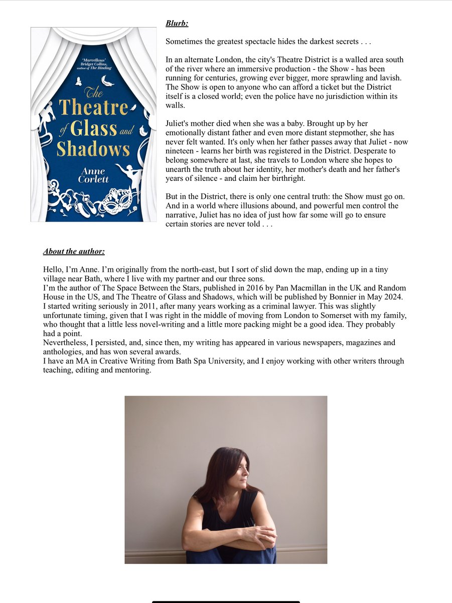 Thank you to @Tr4cyF3nt0n for inviting me on the blog tour for Anne Corlett’s 🎭“The Theatre of Glass and Shadows”🎭
Read my thoughts & more below👇 

#AMothersMusingsSunderland @ConsummateChaos @bwpublishing #TheTheatreOfGlass #MagicRealism #HistoricalFantasy #ImmersiveTheatre