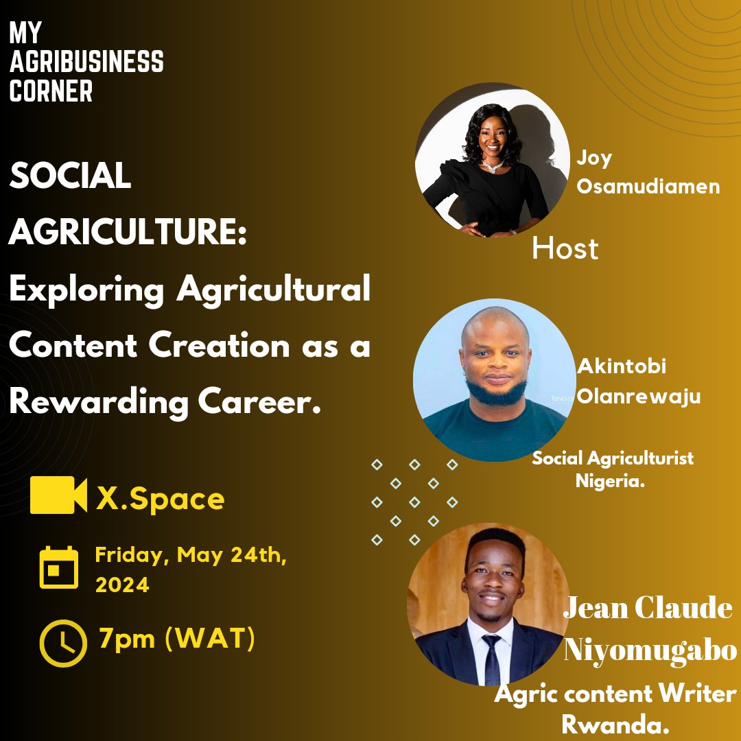 Hello friends My boss lady @JoyOsamudiamen_ has requested and I have obliged Today, 7pm WAT I will be on her space talking about how to turn your Knowledge into Livelihood as an Agric content creator My boss @jcniyomugabo from Rwanda is going to be there Book your calendar.