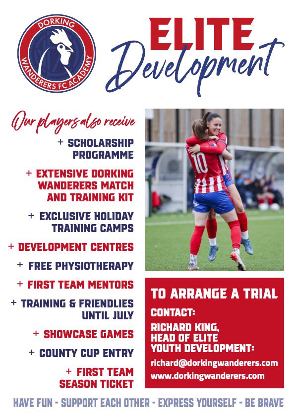 ⚽️ Trials - Elite U14 Boys!

Last chance to trial for the 24/25 Elite U14 squad. 

11am-12.30pm this Sunday, 26 May, at Meadowbank Stadium. 

Show us what you can do!

Email richard@dorkingwanderers.com with Name, DOB, Position, Experience. 

@academy_dwfc  #FutureWanderers