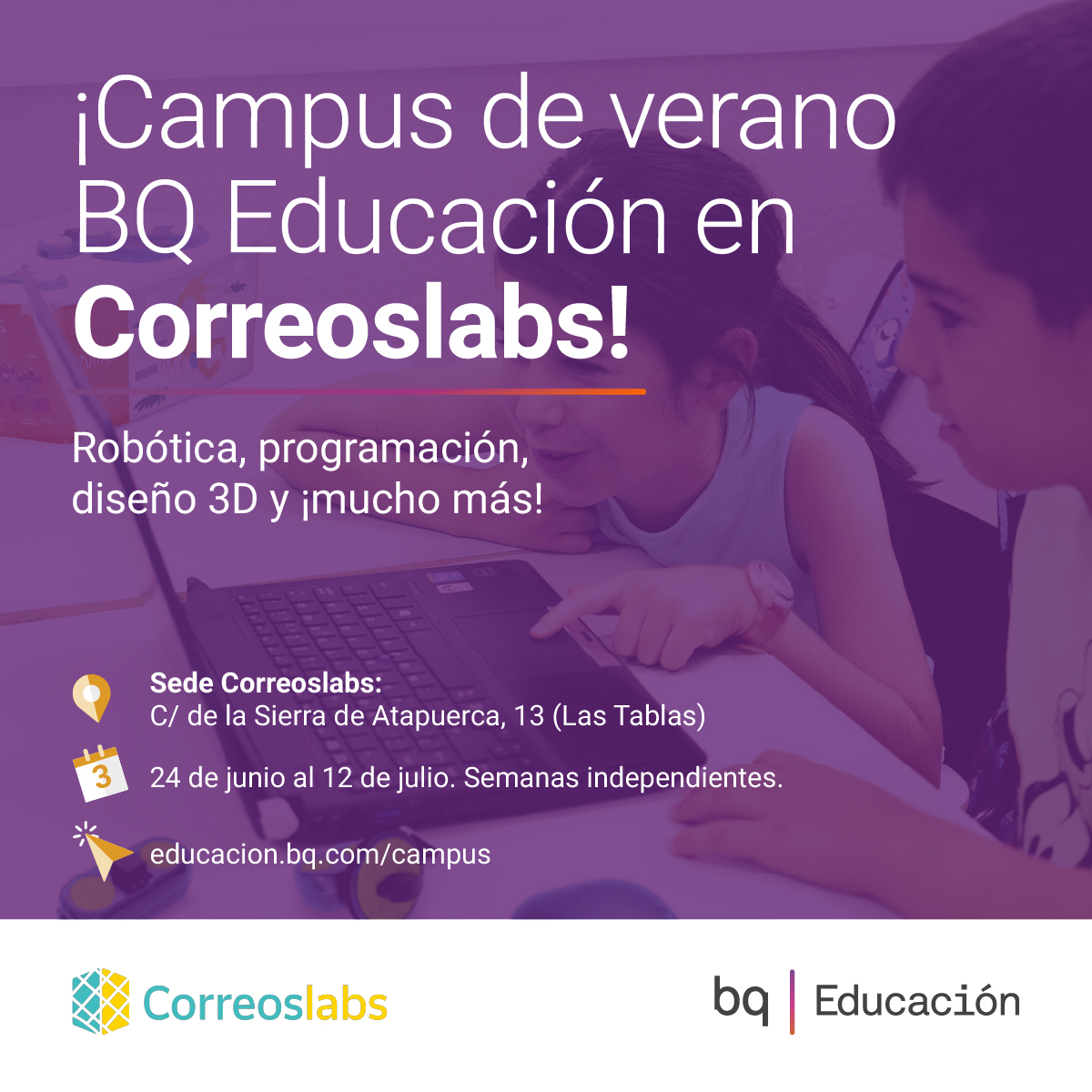Este verano nos unimos a <a href="/Correoslabs/">Correoslabs</a>, el hub de innovación y emprendimiento del Grupo <a href="/correos/">Correos</a>, para acercar las competencias STEAM a los niños y niñas de Madrid 🙌🙌

Descubre más sobre los campus que impartimos en #Correoslabs en educacion.bq.com/campus ❤️