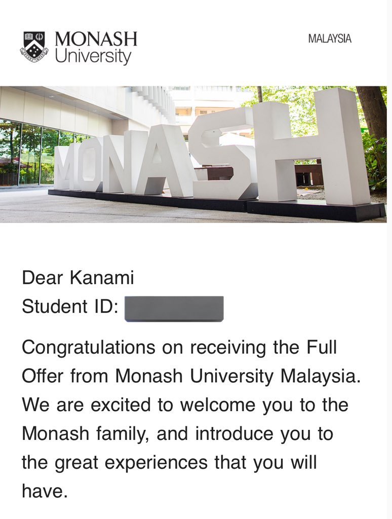 高2から念願だったMonash大学に合格したー‼️‼️
10月からMonash University Malaysia行きます！
よかった〜〜これからも頑張る！