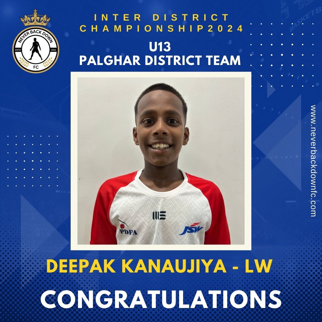 nbdacademy's tweet photo. NEVER BACK DOWN FOOTBALL CLUBE

•Title: Inter District Championship 2024
•Subtitle: U13 Palghar District Team
•Player: Deepak Kanaujiya - LW
•Congratulations!
.
.
.
.
.
#neverbackdown #football #jsw #pdfa #indianfootball #wifa #maharashtra https://t.co/LzOwcYiUbM