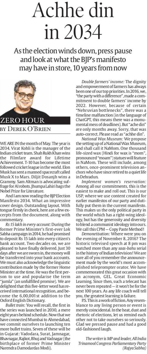 Just Published. My @IndianExpress column, Zero Hour A FICTIONAL BJP MANIFESTO FOR THE YEAR 2034 In the heat, dust and rhetoric of elections, let us remind each other not to take ourselves so seriously