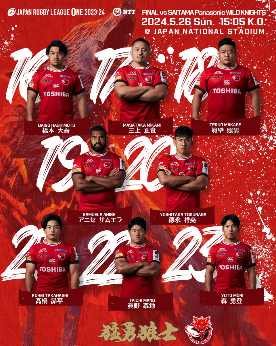 🏆ついに王者が決まる🔥 🏉#リーグワン 決勝 メンバー発表 ⚔️#埼玉ワイルドナイツ 🇯🇵#松田力也 🇿🇦#デアレンデ 控えに今季で引退 国内最終戦 🇯🇵#堀江翔太 🐺#東芝ブレイブルーパス東京 🇯🇵#リーチ 🇳🇿#モウンガ 🇯🇵#ディアンズ 🏟#国立競技場 頂上決戦🏆 🕛明後日ごご３時 📺地上波日テレ(全国) 📡Hulu