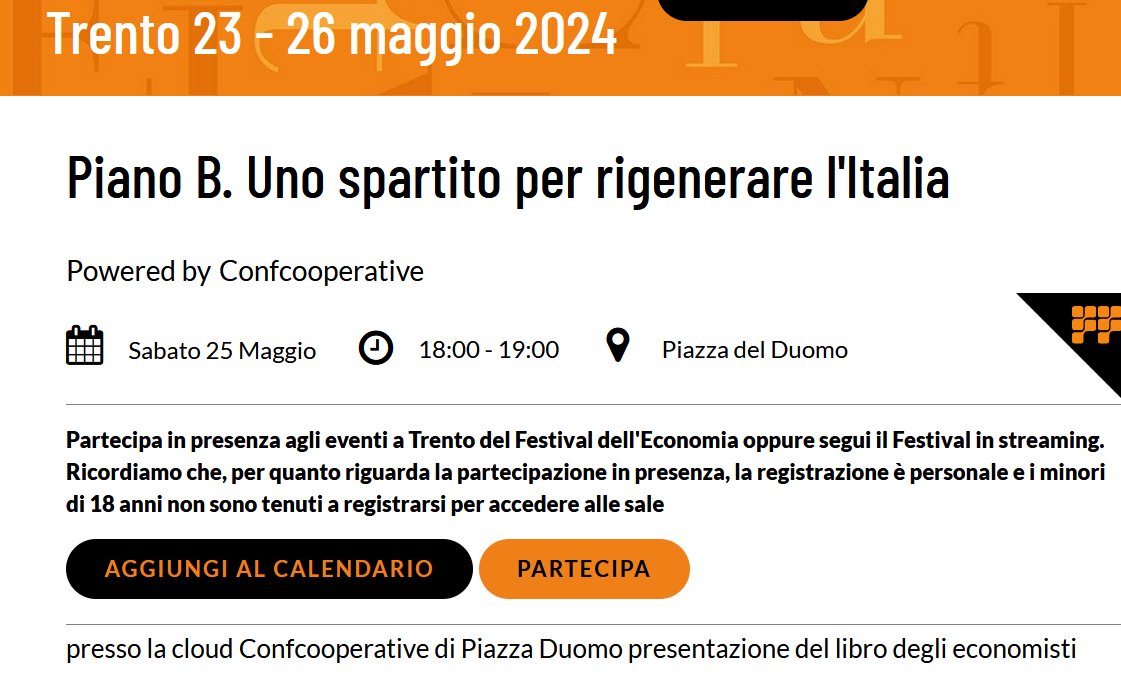 #PianoBi domani al festival di Trento 18 le presentazioni organizzate da amici in giro per l'Italia fino a giugno... Siamo a metà del cammino.... #LaPoliticaSiamoNoi Le azioni da goal più belle le fa la società civile pianob-unospartitoperlitalia.it